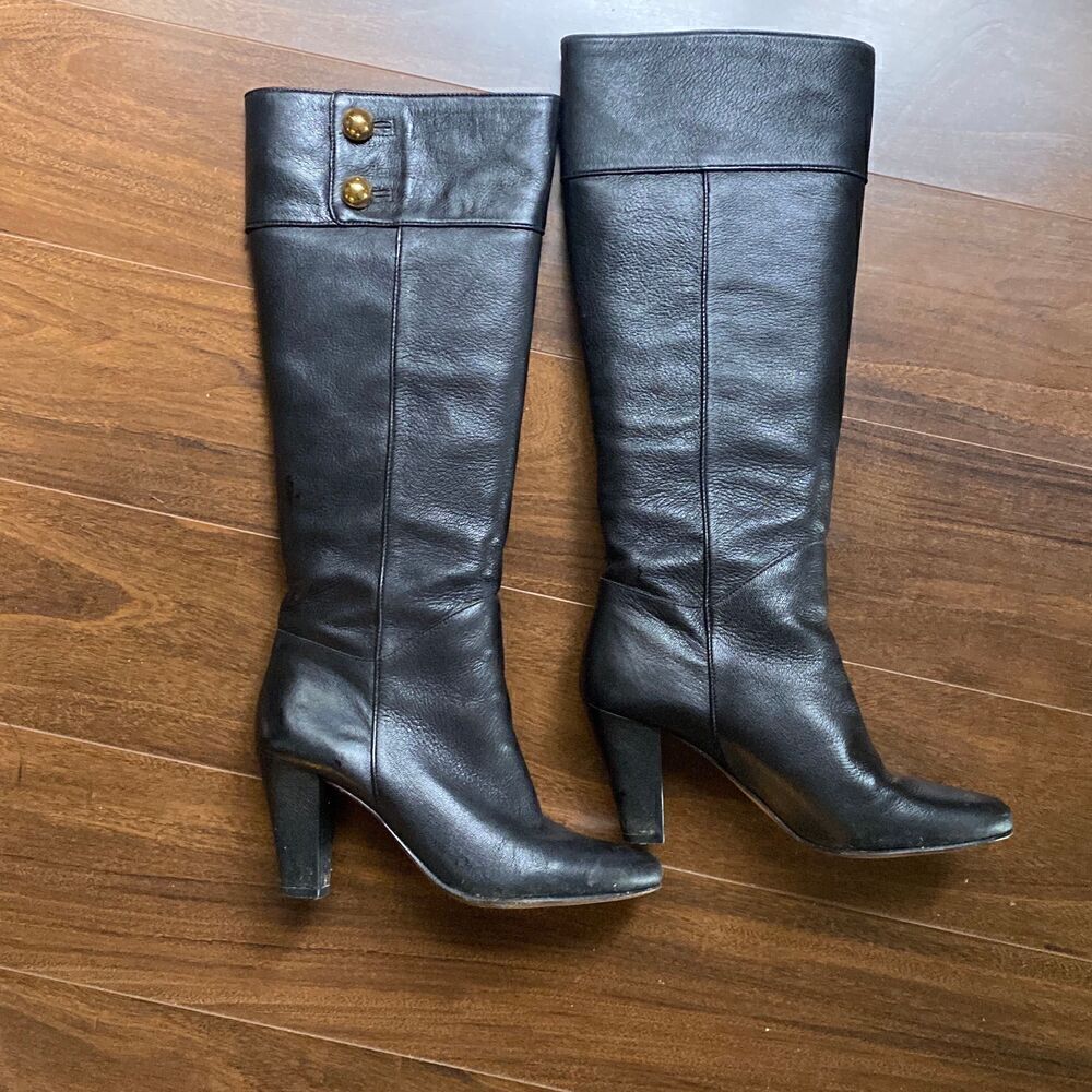Kate Spade 7 Belinda Button tall black leather heeled boots